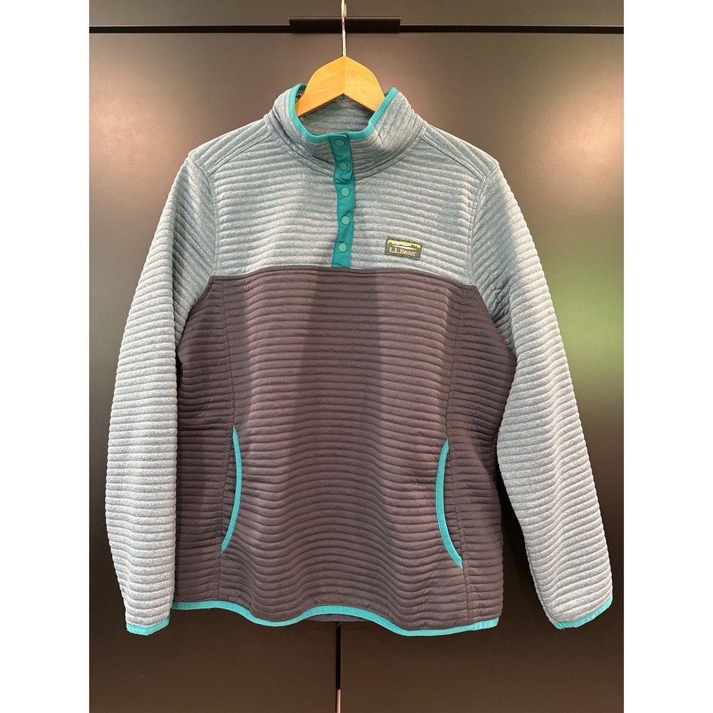 LL Bean Womens Quilted Pullover Snap Neck Fleece Sweatshirt Blue‎ Gray 510104 L